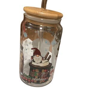 Christmas Gnome‎ Glass Tumbler with Lid & Straw Holiday Gift New 16oz UVDTF wrap